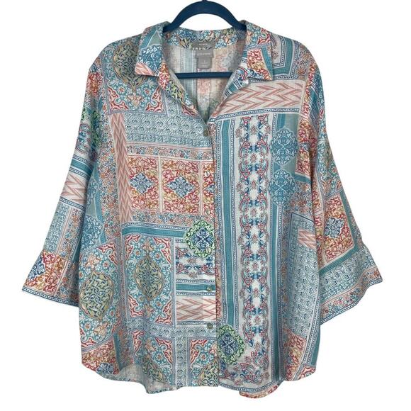 Chico’s Linen Mosaic Print Button Down Top Size 3 (XL) Pastel Blue Multi Boho - Picture 1 of 11